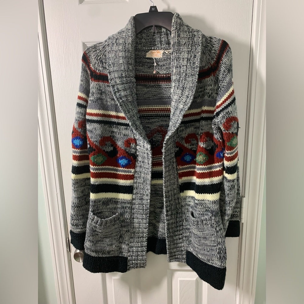 Gray Shawl Collar Knit Cardigan with Multicolor Stripes